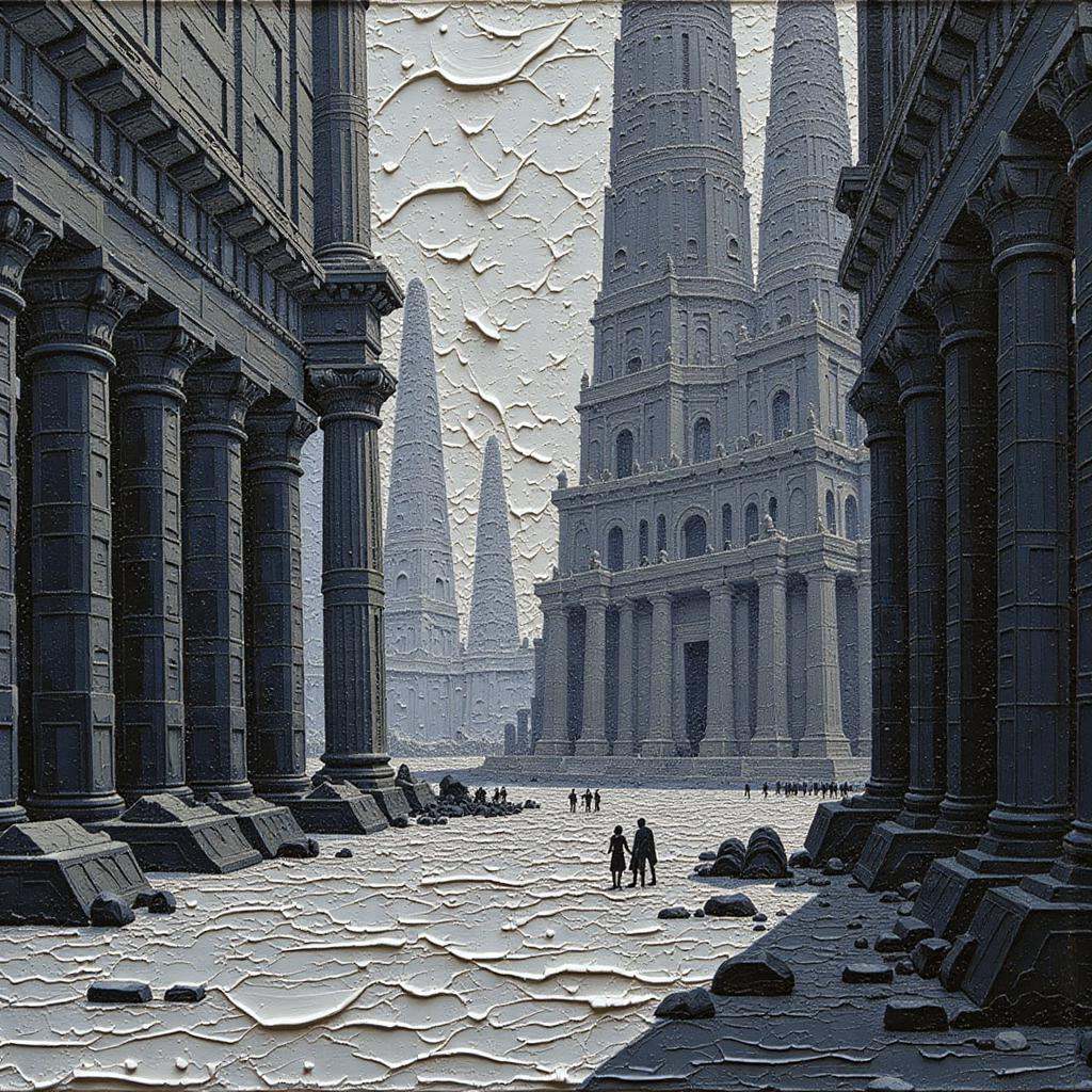 Positive prompt: thick impasto oil painting,  cinematic black & white color scheme,  scifi western on Tensor.Art