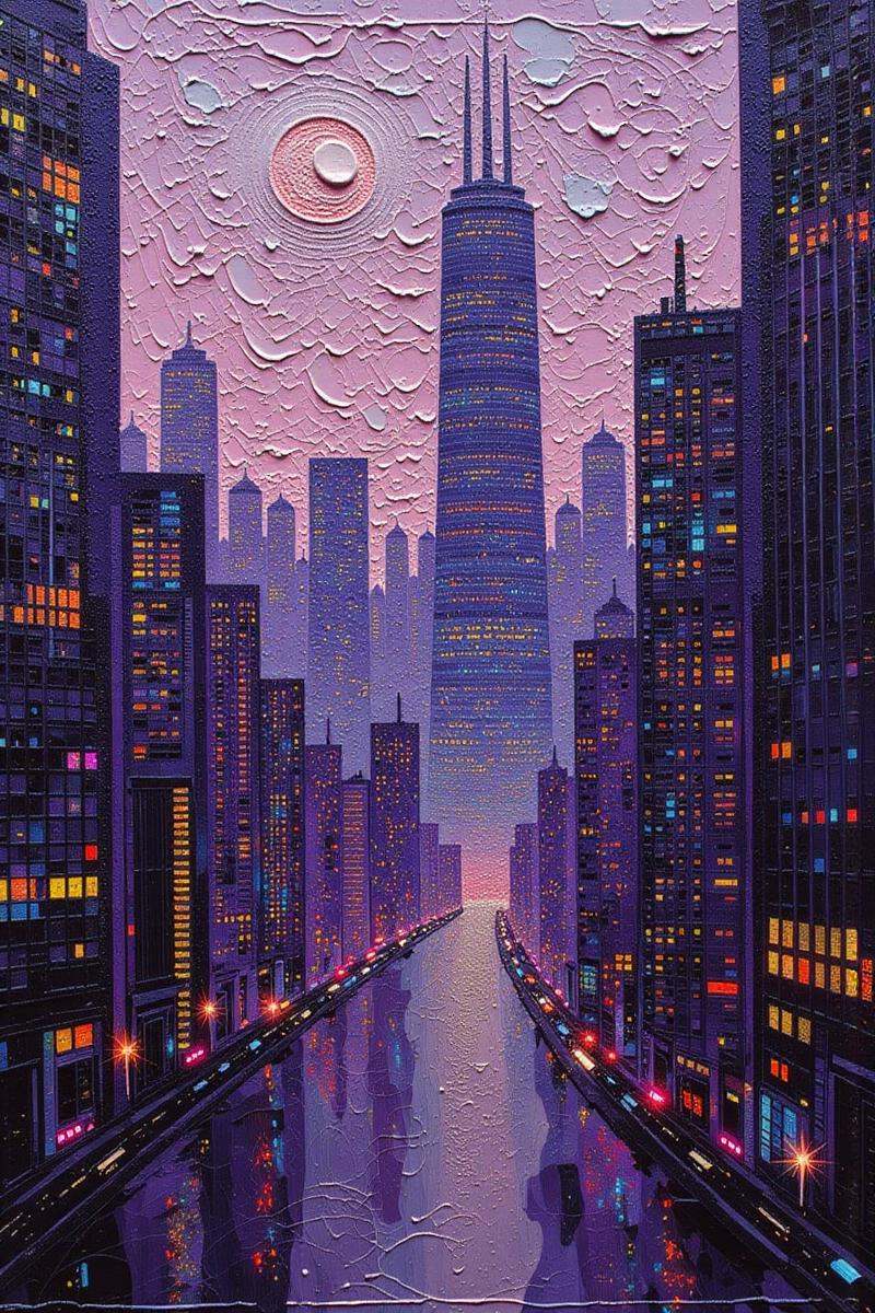 Positive prompt:anime style thick palette knife impasto oil painting,  dieselpunk,  slum in a plush fantasy megastructure...