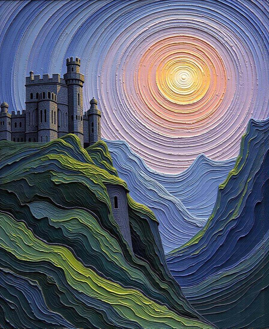 Positive prompt: thick palette knife impasto oil painting,  medieval a great fantasy hillside arcology beyond the beginnin...