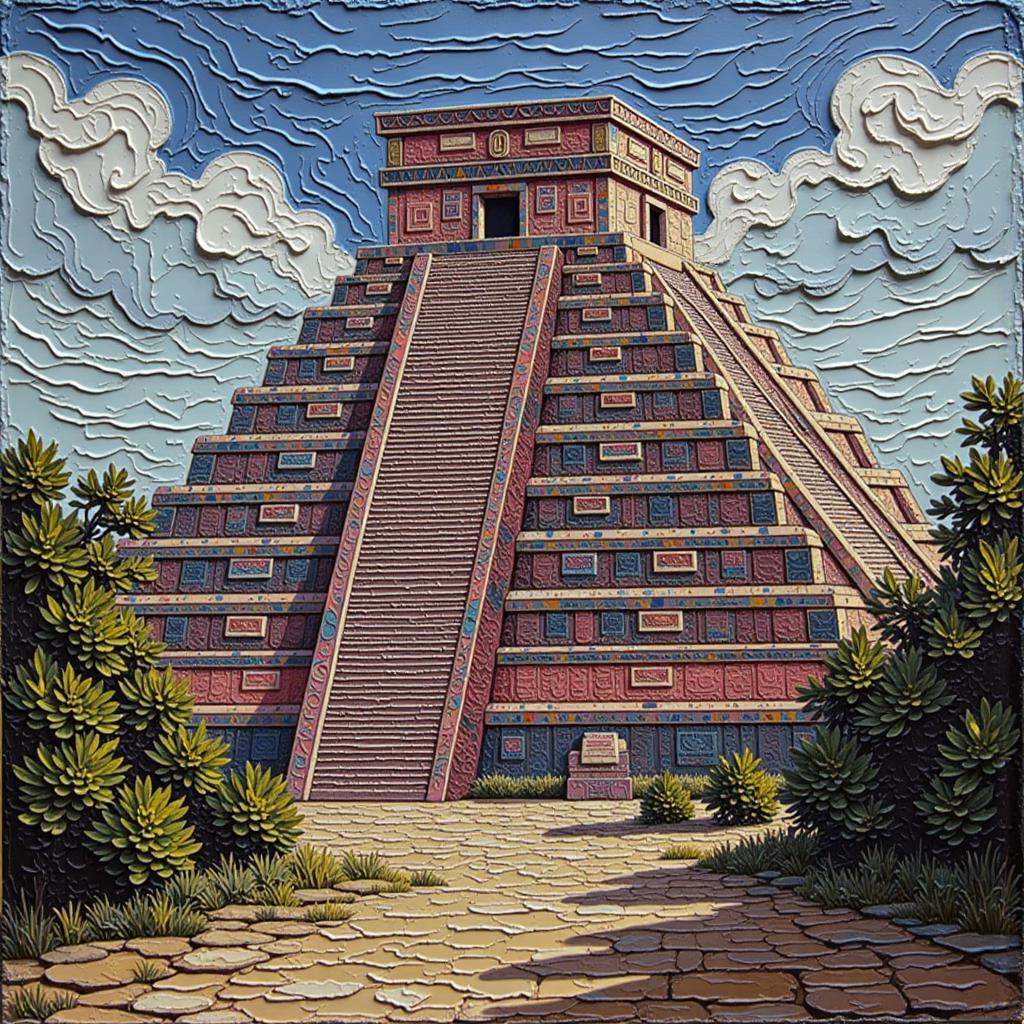 Positive prompt:anime style thick palette knife impasto oil painting,  prehistoric mayan solemn fantasy megastructure outs...