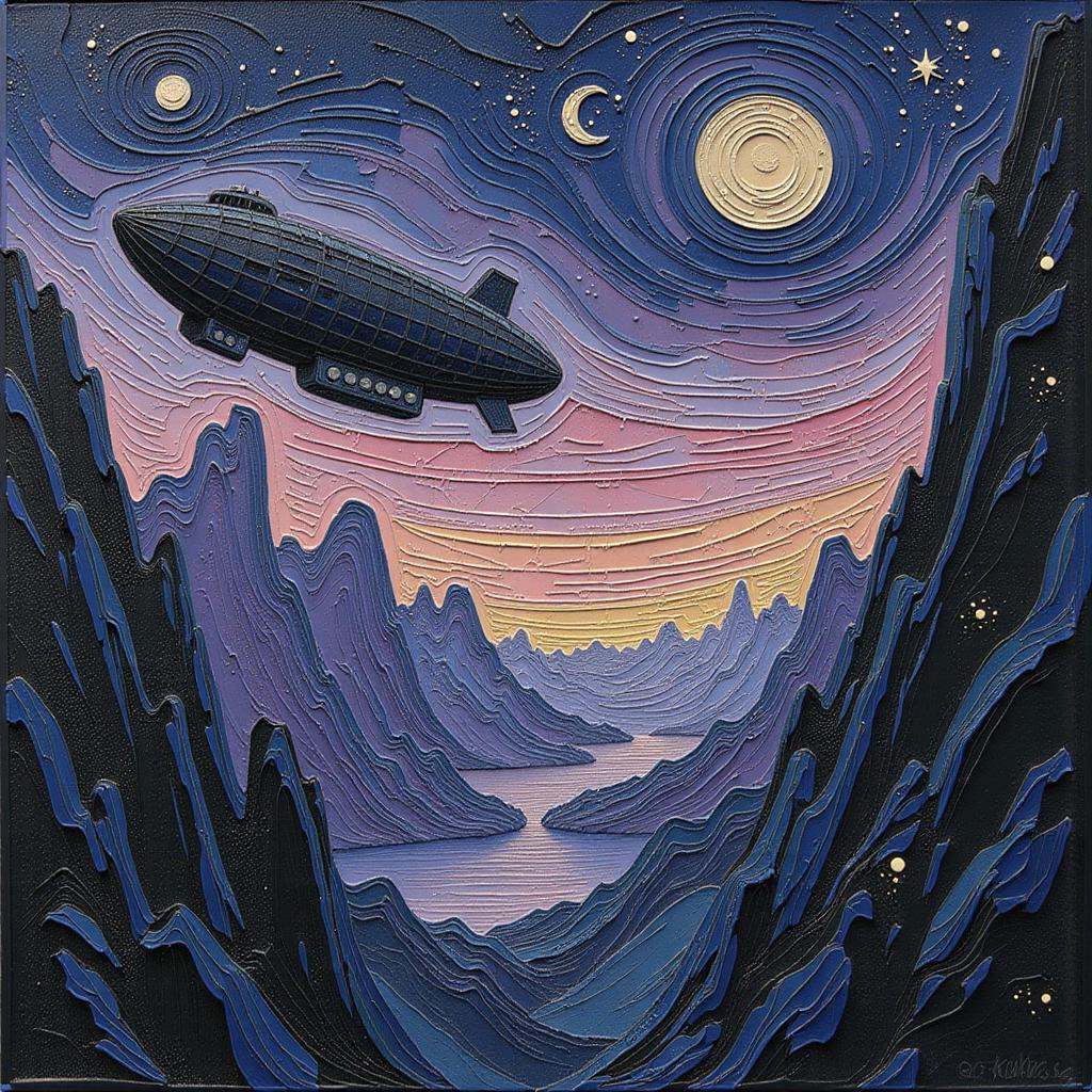 Positive prompt: impasto oil painting,  ominous urban noir space fantasy,  mid-century modern airship dock in a epic infra...