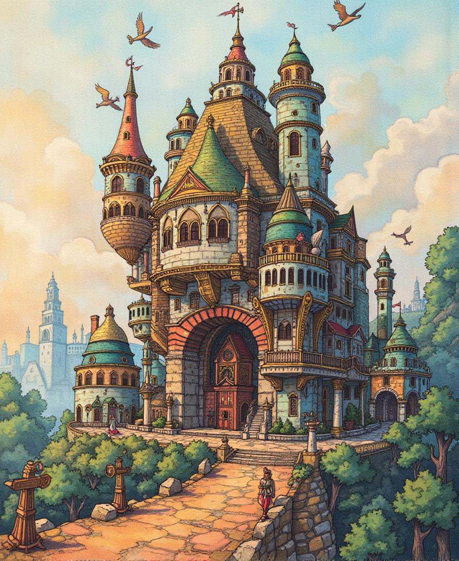 Positive prompt:surreal ink and watercolor,  __esfv/ground__,  mayan amazing fantasy megastructure outside of time on Tens...