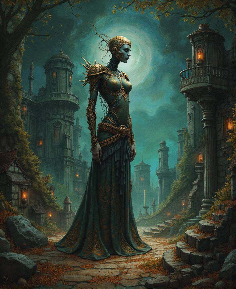 Positive prompt: __esfv/ground__,  posthuman era edwardian a techno-optimist,  Arcane fantasy subterranean topia outside o...