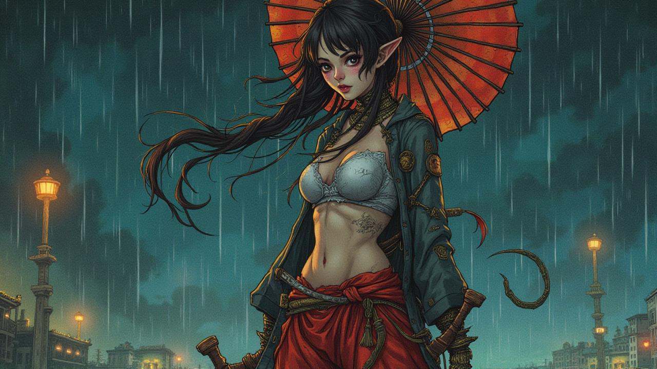 Positive prompt:surreal intricate colored drawing,  woman,  elf Yakuza ninja lord villainess on Tensor.Art