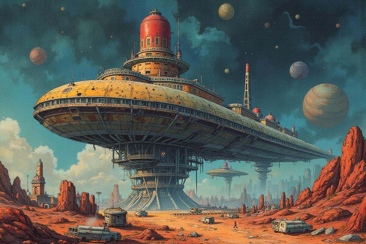 Positive prompt: ink and watercolor,  horror,  world war 1 era mid-century modern gargantuan scifi megastructure at the be...