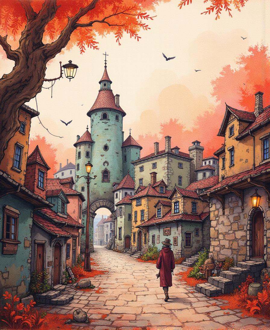 Positive prompt: ink and watercolor,  duotone matte antiquewhite and vivid salmon color scheme,  urban period drama on Ten...