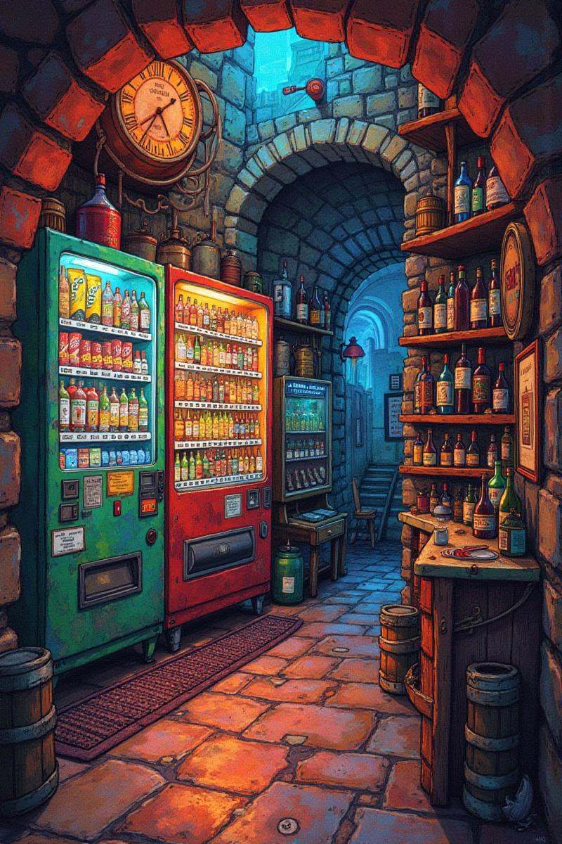 Positive prompt:surreal intricate colored drawing,  Vending Machine Area \(room\) in a wine cellar in a mysterious scifi m...