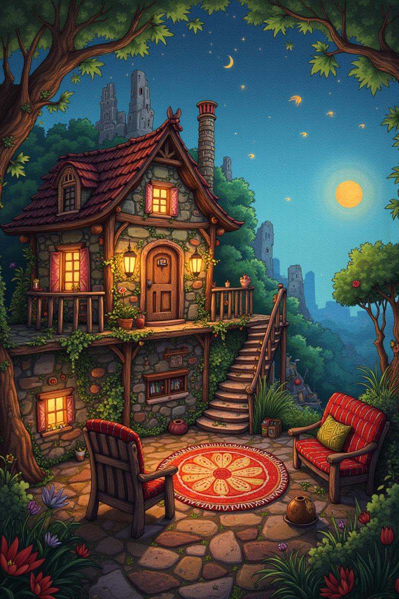 Positive prompt: Solar (Private Living Room) \(room\) in a hillside,  cosmic fantasy village at the end of time on Tensor.Art