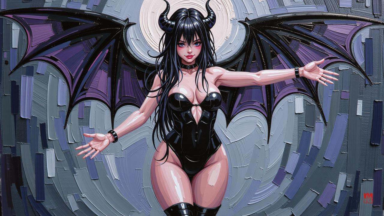 Positive prompt:anime style thick palette knife impasto oil painting,  woman,  cute succubus on Tensor.Art