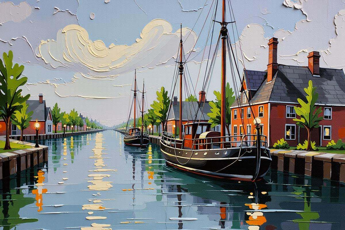 Positive prompt: thick textuyred brush strokes impasto oil painting,  serene cozy dieselpunk,  cheerful on Tensor.Art