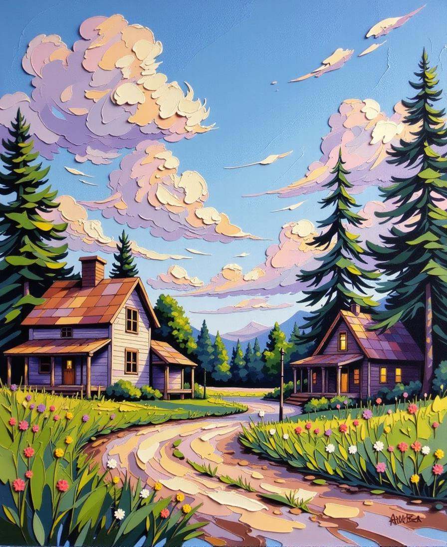 Positive prompt:anime style thick impasto oil painting,  rustic scifi village in a Prairie on Tensor.Art