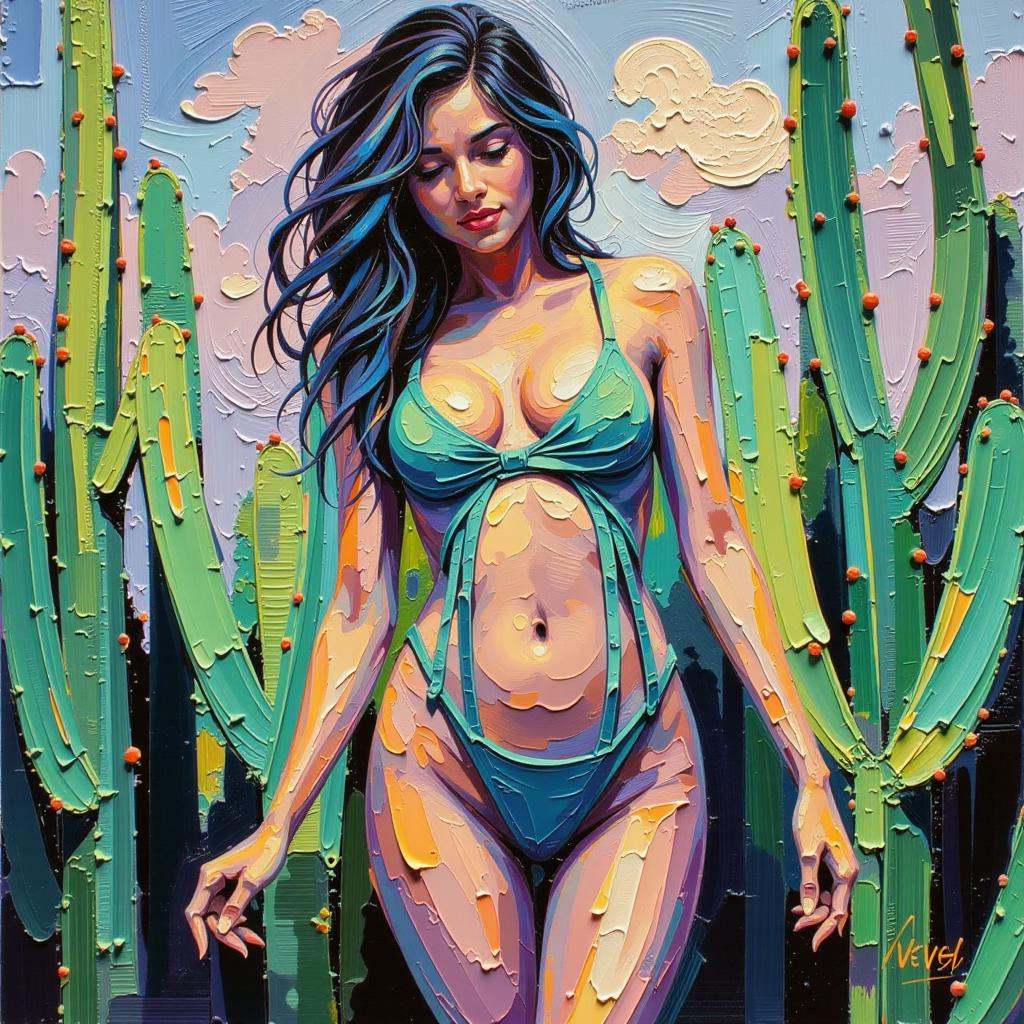 Positive prompt: thick palette knife impasto oil painting,  woman,  bright mediumseagreen skin on Tensor.Art