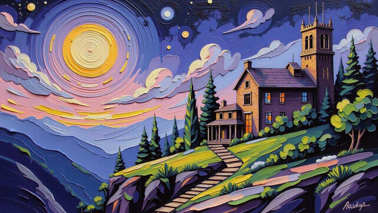 Positive prompt:anime style thick palette knife impasto oil painting,  brushy oil painting,  period post-apocalyptic on Te...