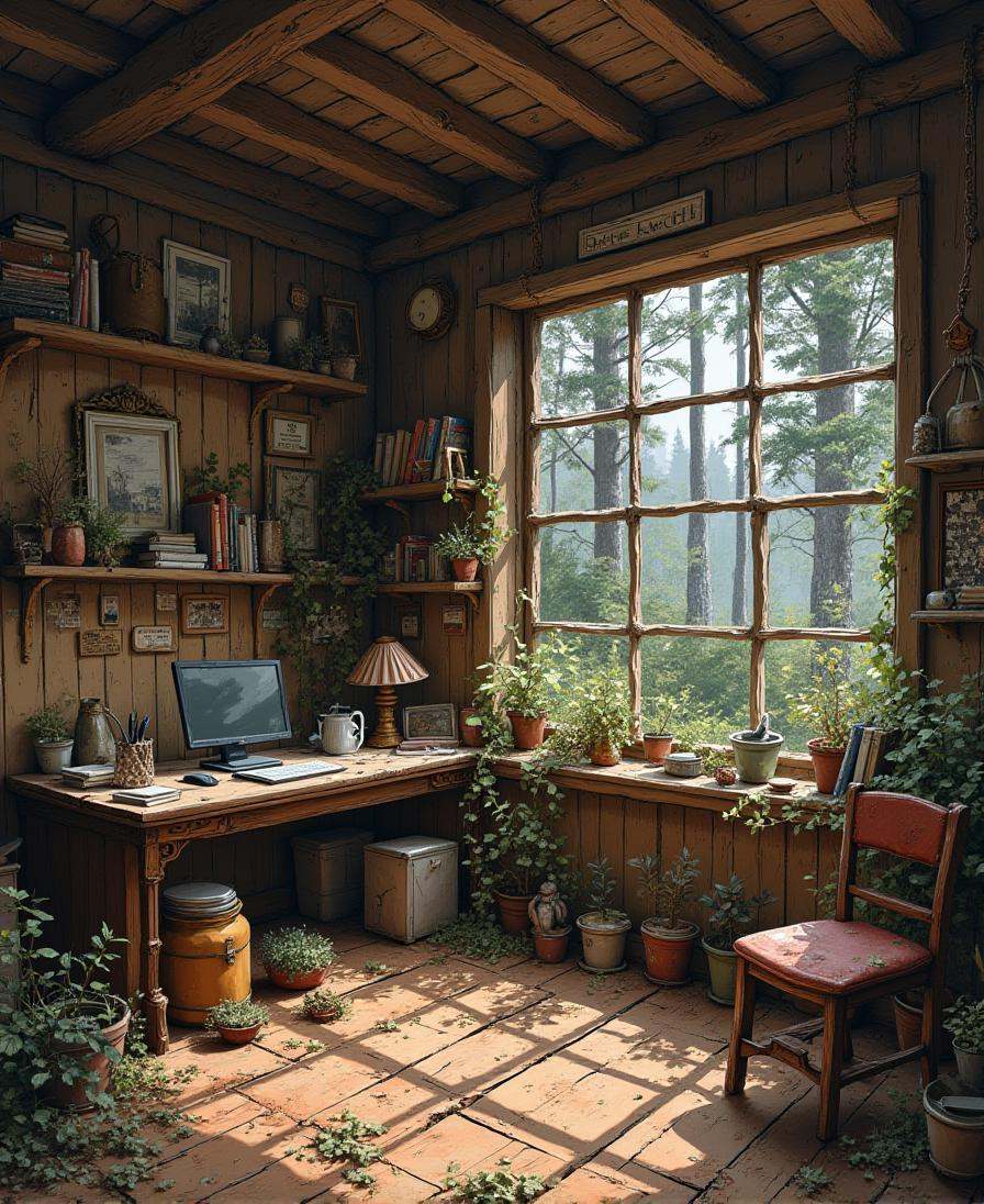 Positive prompt:anime style rough digital painting,  Open Plan Office Area \(room\) in a dilapidated fantasy hamlet in a B...