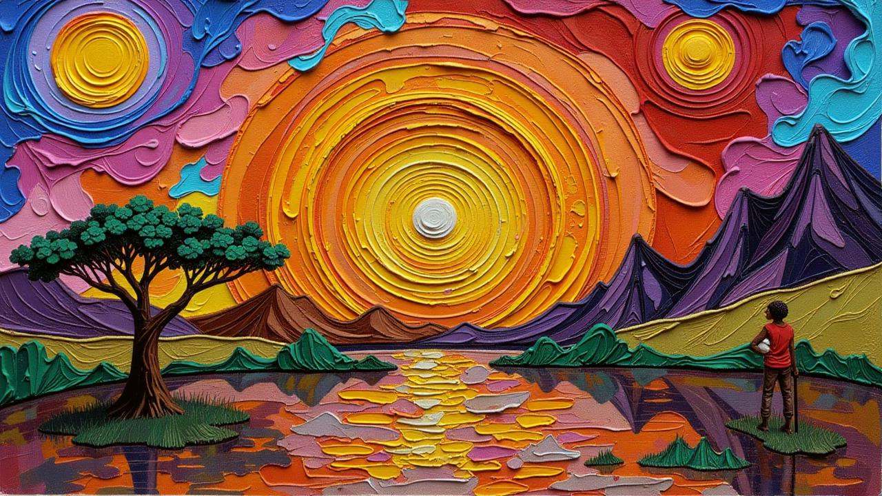 Positive prompt: thick colored sculpting clay impasto oil painting,  cheerful african paranormal romance,  primordial arab...