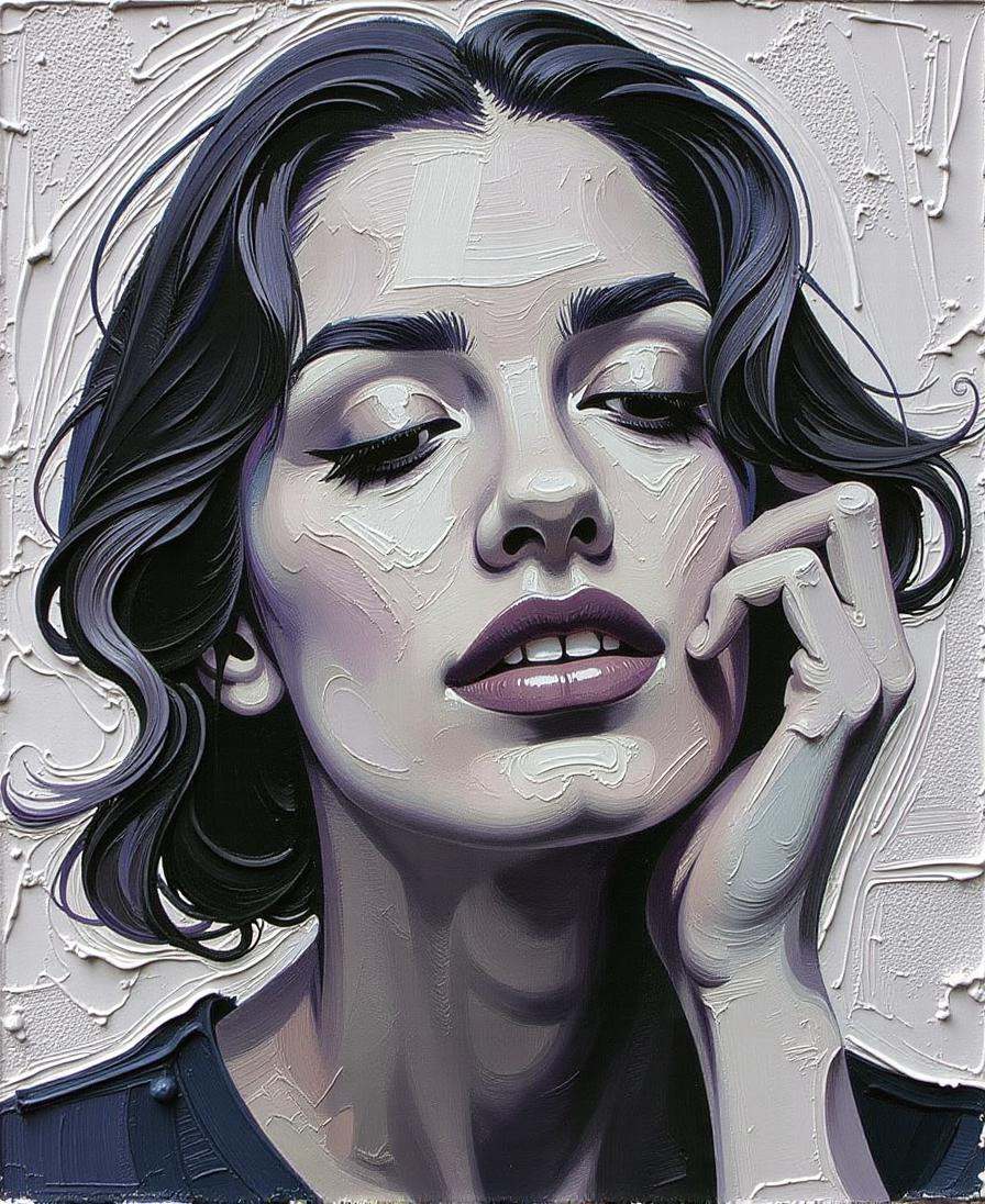 Positive prompt: thick palette knife impasto oil painting,  maximalist,  black & white color scheme on Tensor.Art