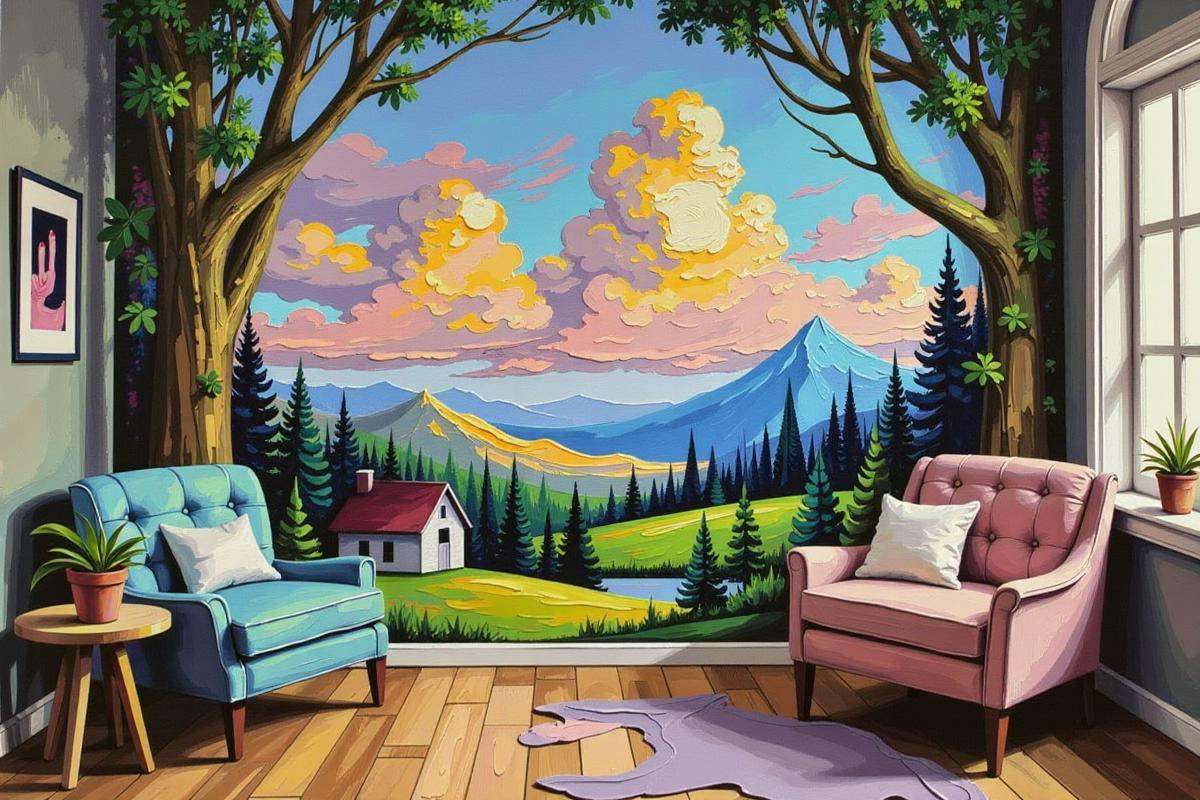 Positive prompt: thick palette knife impasto oil painting,  Educational Outreach and Media Room \(room\) in a cozy,  sky f...