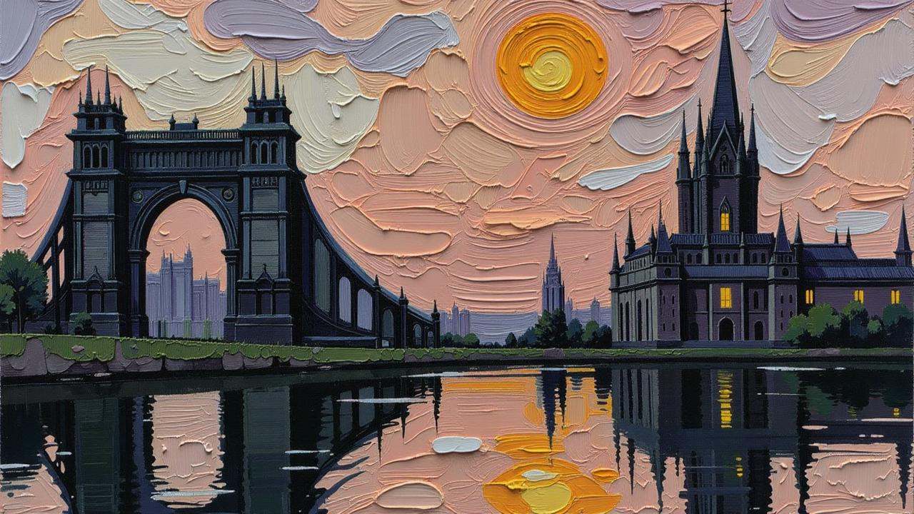 Positive prompt: thick brush strokes impasto oil painting,  idyllic retro mecha horror,  dying universe era medieval forgo...