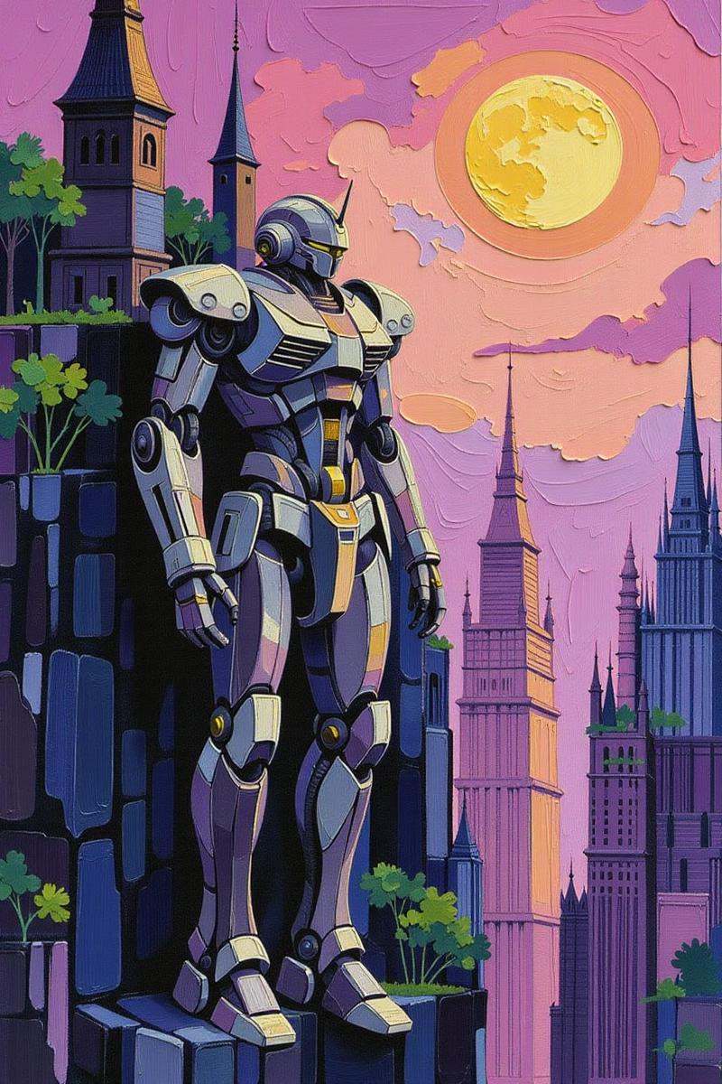 Positive prompt: thick brush strokes impasto oil painting,  space mecha anime,  baroque hypercollider in a ruined fantasy...
