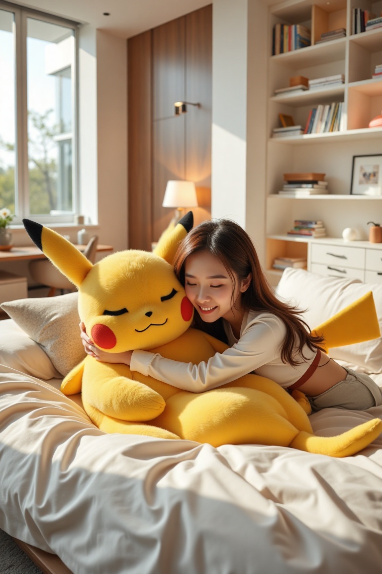 1girl embraces a cute Pikachu on a big bed with glass ,  and the cute Pikachu is her cute pet,  interior design on Tensor.Art