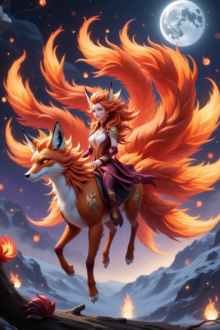 1girl ride a fire fox on air up the frozen lake,  front.1girl is smiling at the camera,  a detailed face on Tensor.Art