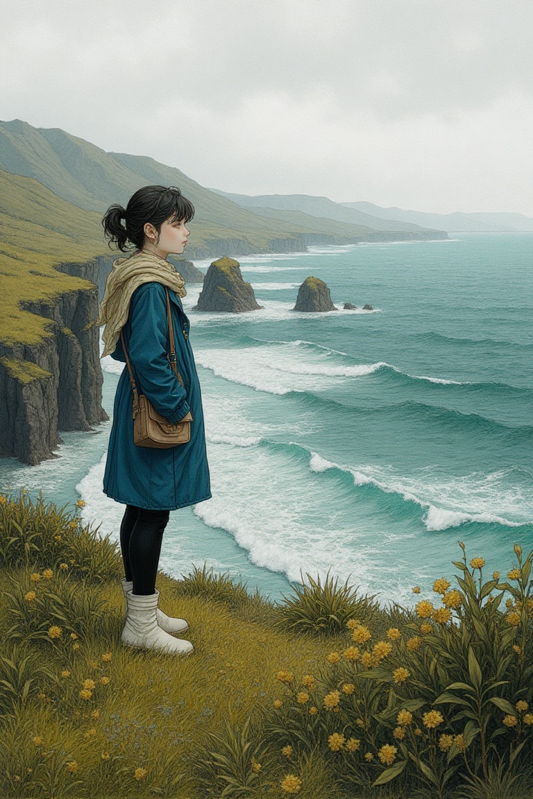 newest,  late,  a serene coastal scene with a young woman standing on a grassy hillside overlooking the ocean. She is dres...