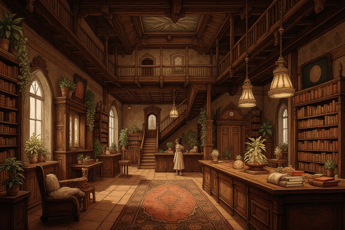 newest,  late,  a cozy library interior with a warm and inviting atmosphere. The foreground features a large wooden table...