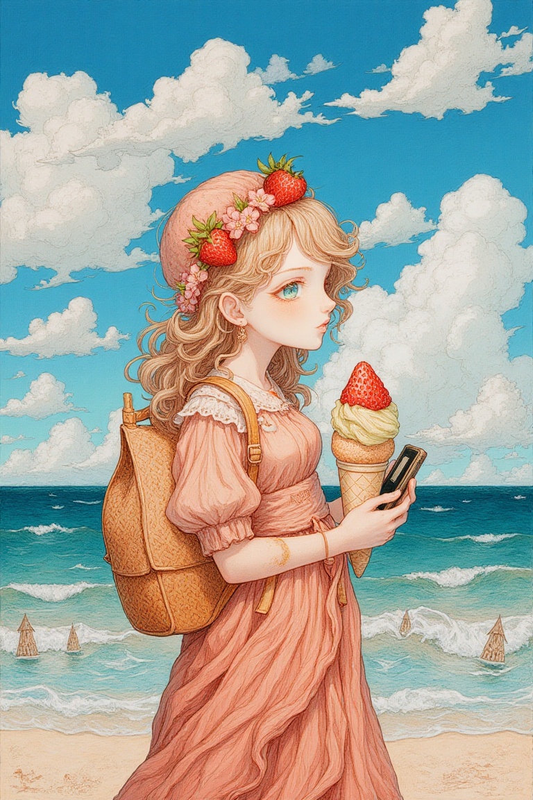 newest,  late,  1girl backpack bag blue_sky cloud cloudy_sky day food food_focus fruit holding holding_phone ice_cream oce...