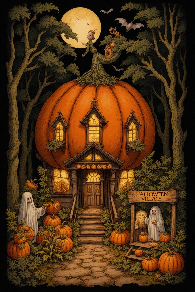newest,  late,  a whimsical Halloween scene centered around a large pumpkin house. The house is designed with a round shap...