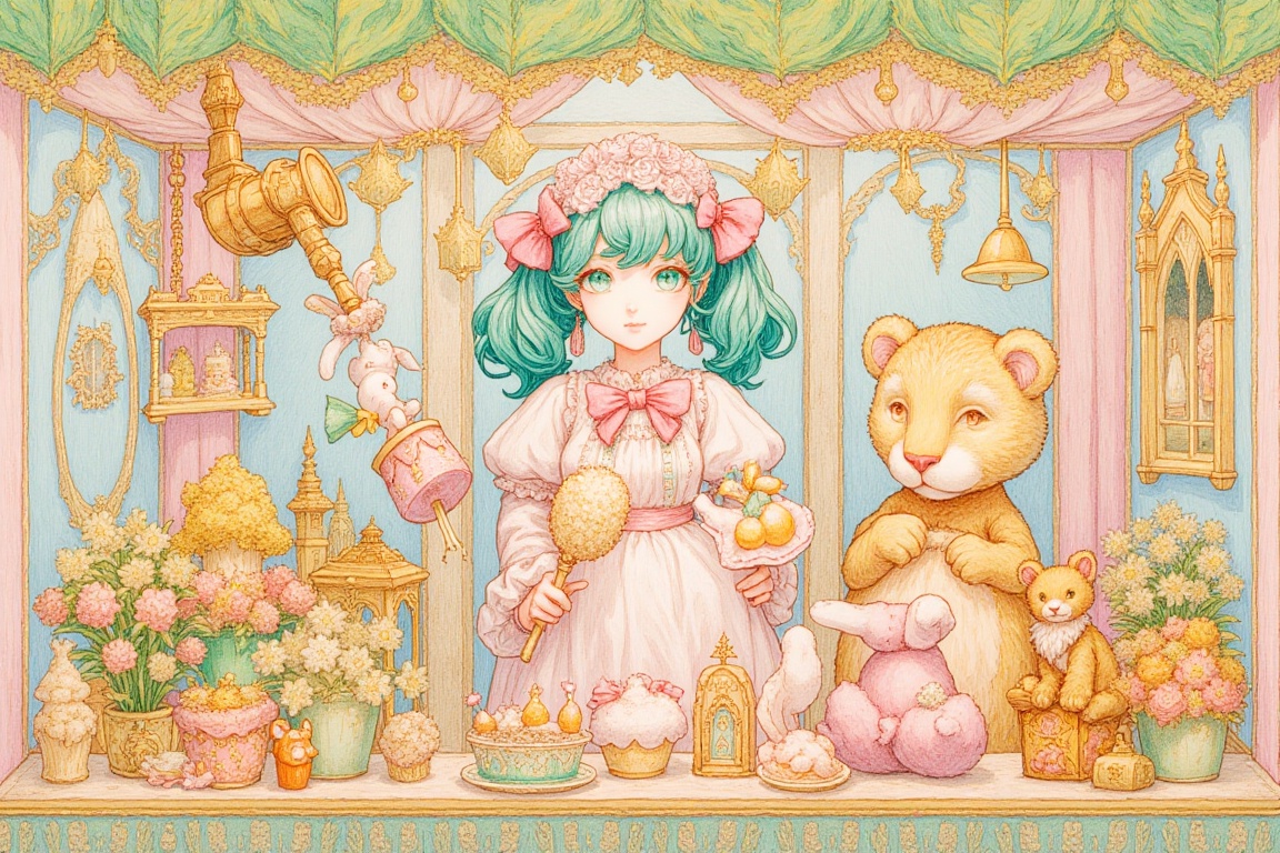 newest,  latea colorful and playful scene with a character in the foreground. The character has turquoise twin tails,  a p...