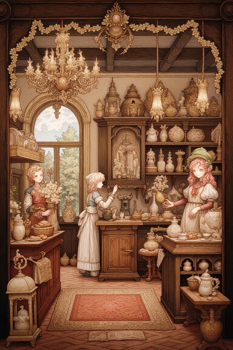 newest,  late,  1boy 2girls animal_ear_fluff animal_ears apron blue_shirt bow braid cafe cat_boy chair closed_eyes coffee_...