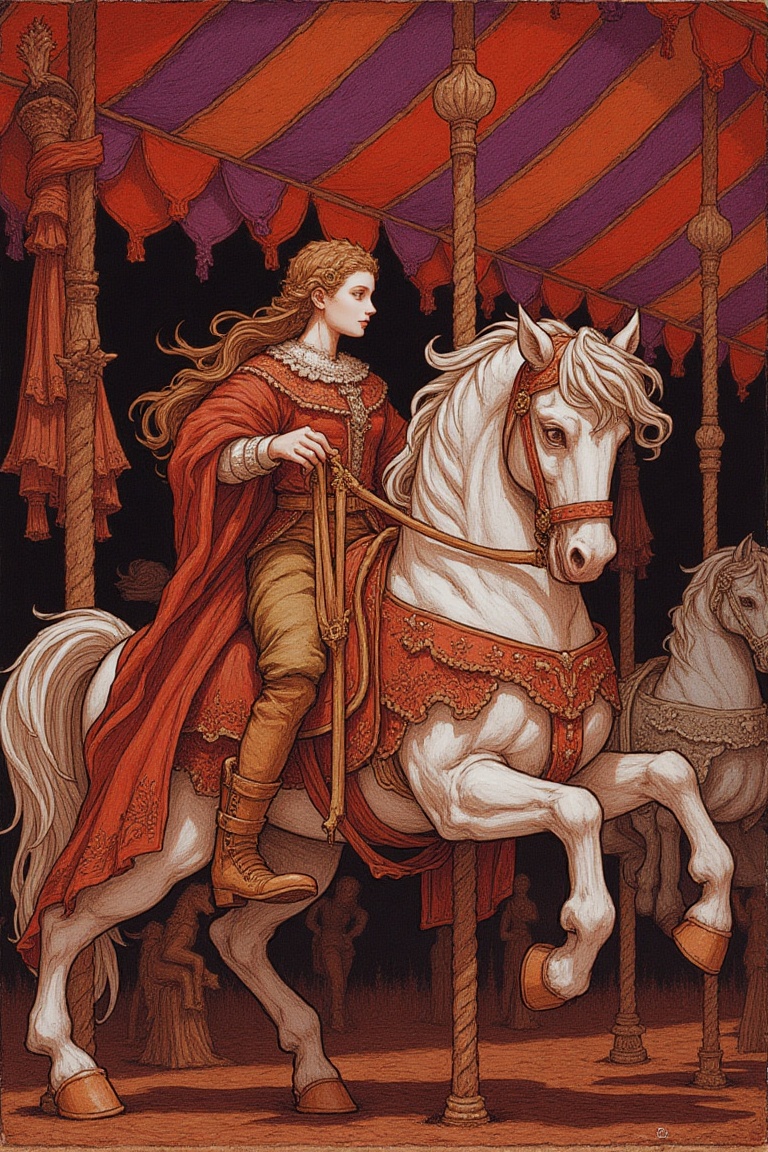 newest,  late,  a whimsical and fantastical scene featuring a figure riding a majestic horse. The horse is adorned with a...