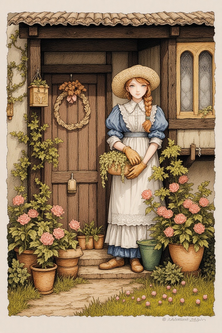 newest,  late,  1girl apron black_eyes blue_dress blue_hat braid braided_bun brown_gloves clover day door dress flower flo...