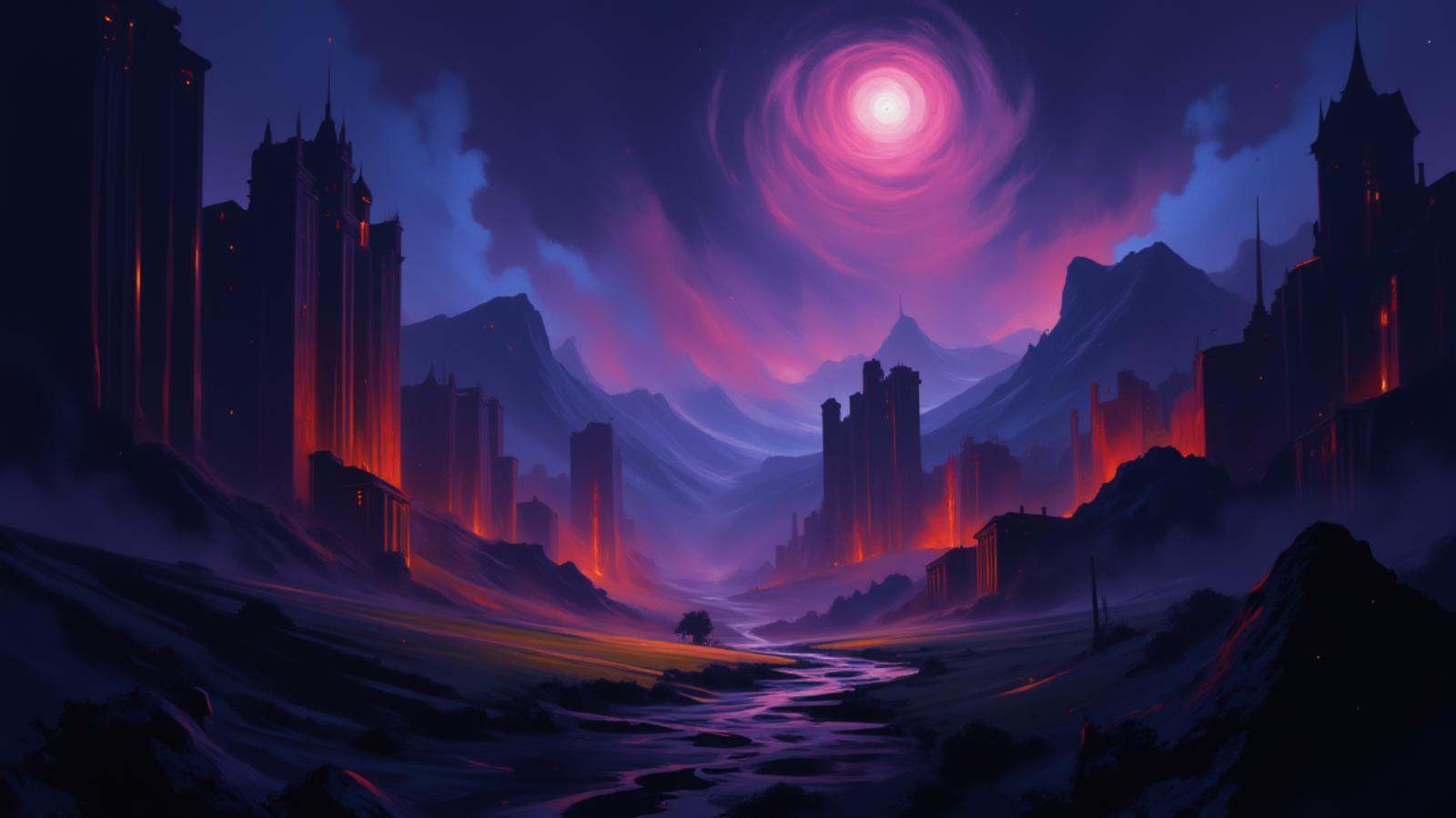 Positive prompt:moody comics style cyberpunk digital painting,  lush,  sky fantasy settlement in a Underworld on Tensor.Art