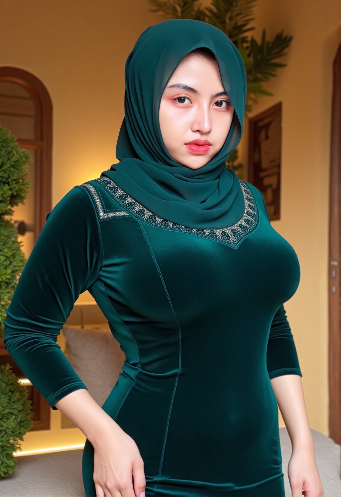 A 20-year-old woman with striking,  elegant features,  wearing a beautifully styled hijab that drapes gracefully over her...