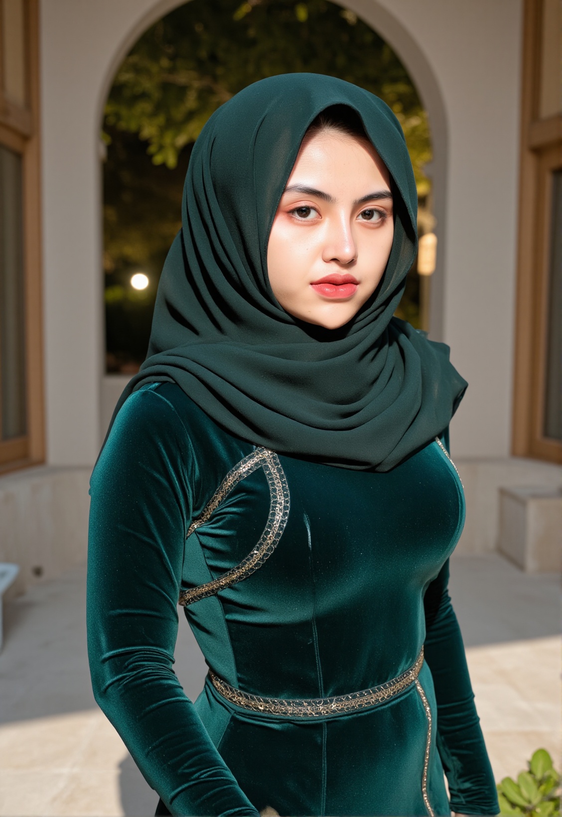 A 20-year-old woman with striking,  elegant features,  wearing a beautifully styled hijab that drapes gracefully over her...