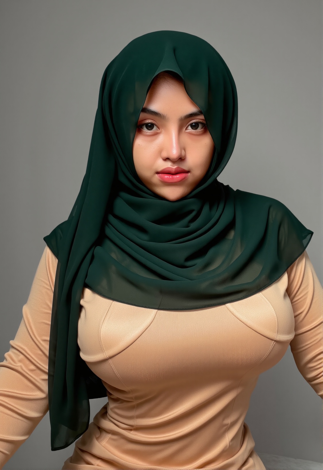 Generate a photorealistic image of a woman,  focusing on her upper body from the mid-torso upwards. She is wearing a hijab...