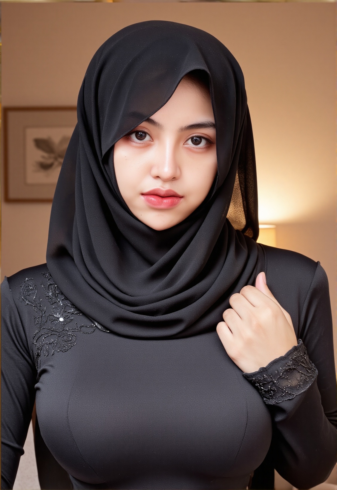 A highly detailed,  photorealistic portrait of a 20-year-old woman,  centered on her upper body. She wears an elegant on T...