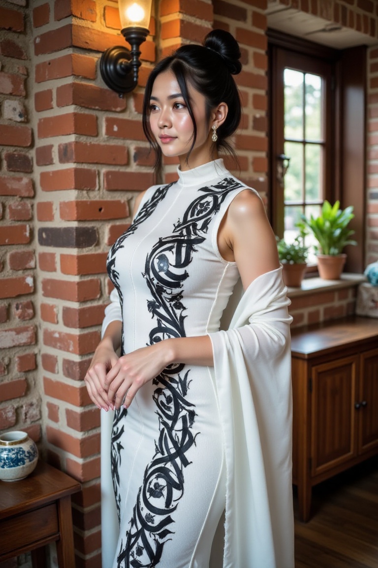A young Thai woman leans against an old exposed brick wall in a warm vintage living room. She wears a sleeveless,  high-ne...