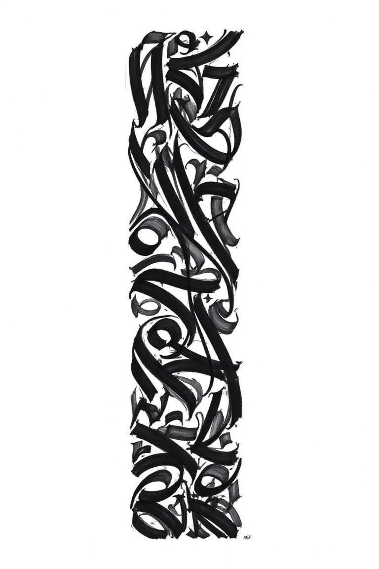 "A vertical composition of dynamic black calligraphy on a white background. The ink strokes are fluid and expressive,  wit...