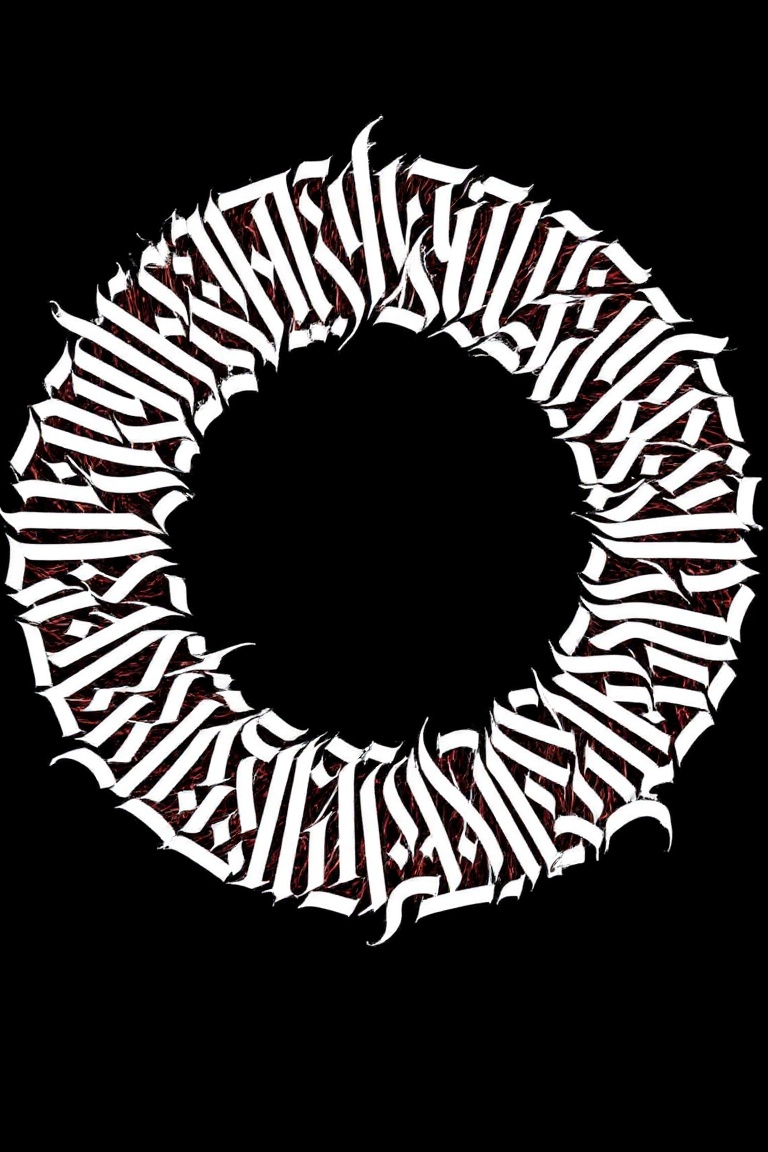 A mesmerizing digital artwork featuring an intricate circular calligraphic design,  where bold,  flowing letters weave tog...
