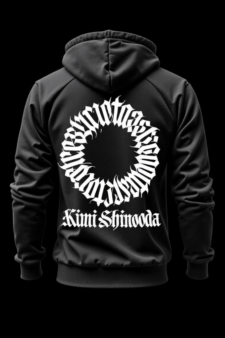 "A black hoodie featuring a bold,  circular calligraphic design on the back. The calligraphy,  in sharp white ink on Tenso...