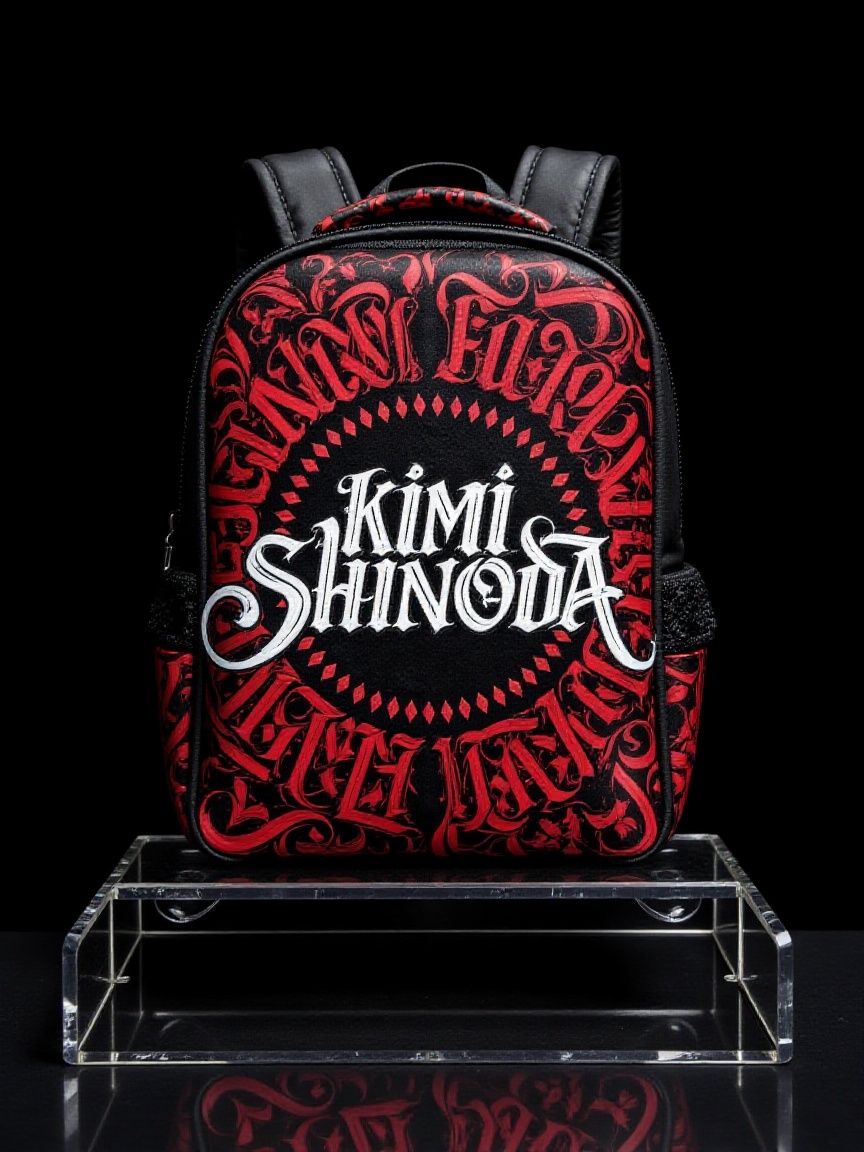 A cyberpunk Bagpack for product photoshoot,  put a transparents glass platform,  got big branding name at center part of b...
