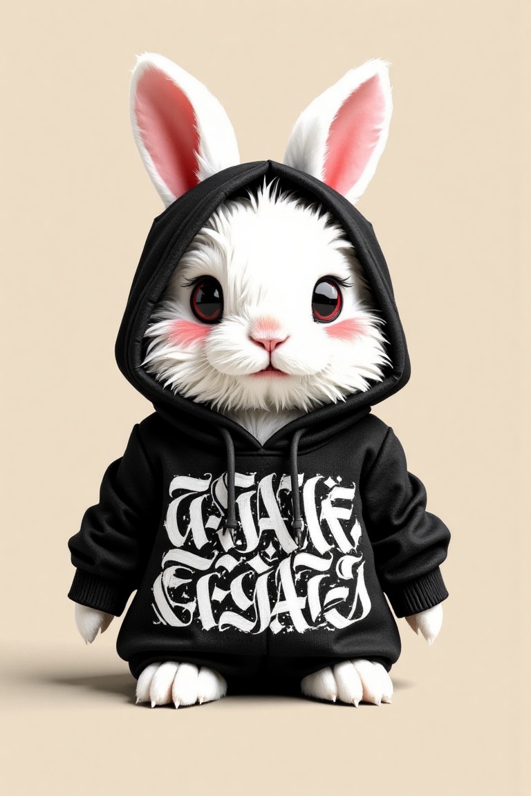 A fluffy white rabbit wearing a cozy,  oversized black with intricate tattoo_art_style pattern of intricate VEX_FLUX X-CAL...