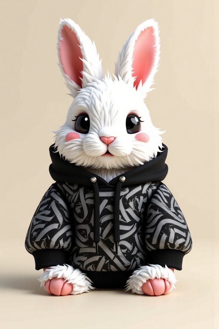 A fluffy white rabbit wearing a cozy,  oversized black with intricate tattoo_art_style pattern of intricate VEX_FLUX X-CAL...