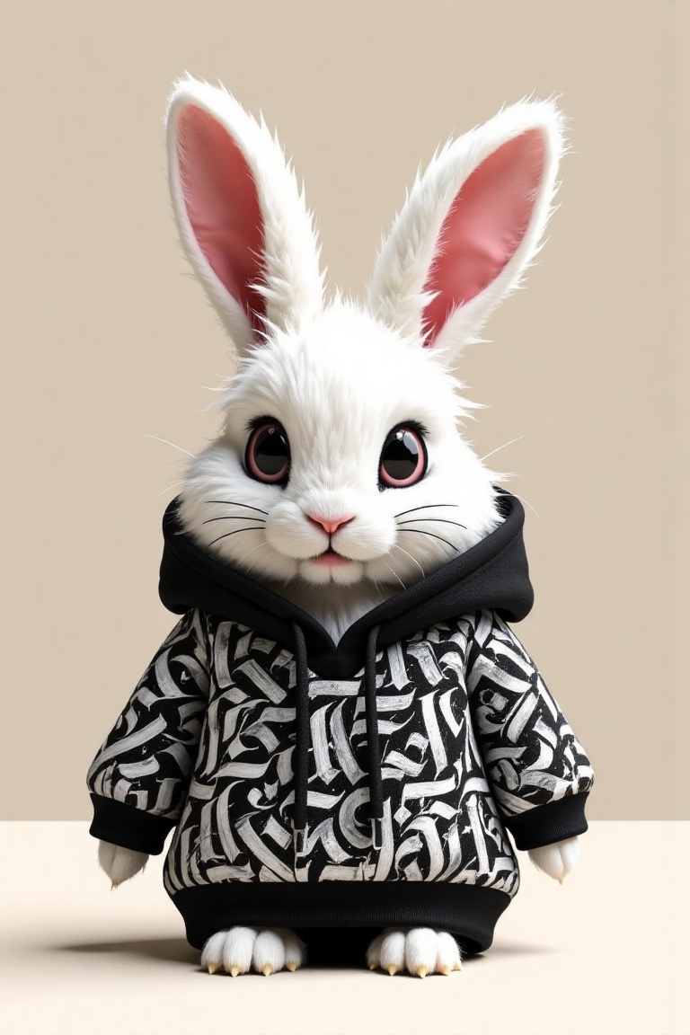 A fluffy white rabbit wearing a cozy,  oversized black with intricate tattoo_art_style pattern of intricate VEX_FLUX X-CAL...