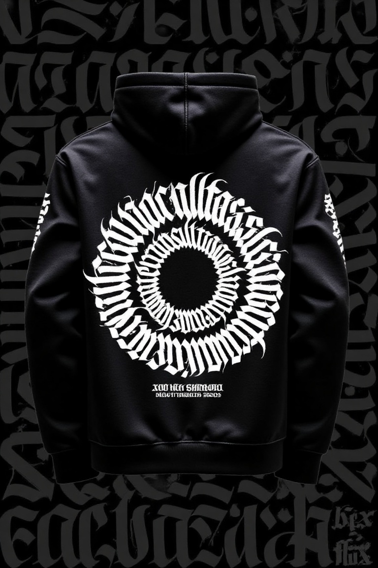 "A black hoodie featuring a bold with Intricate Tattoo Art Style Pattern of intricate VEX_FLUX X-CALLIGRAPHY on a hoodie a...
