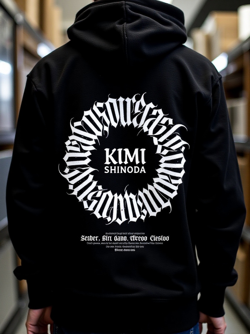 "A black hoodie featuring a bold,  circular calligraphic design on the back. The calligraphy,  in sharp white ink on Tenso...