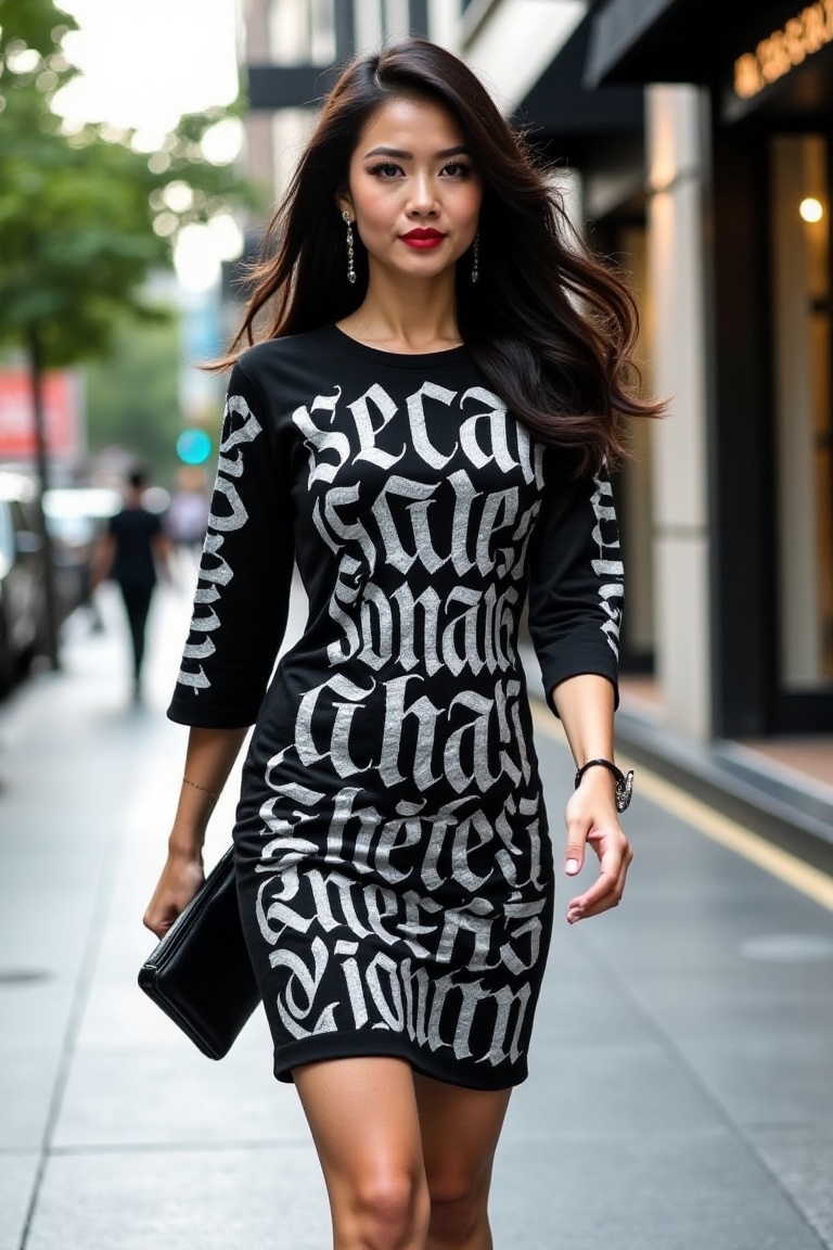 A high-resolution fashion photograph of a stylish malay beautiful woman with long,  wavy dark hair,  walking confidently i...
