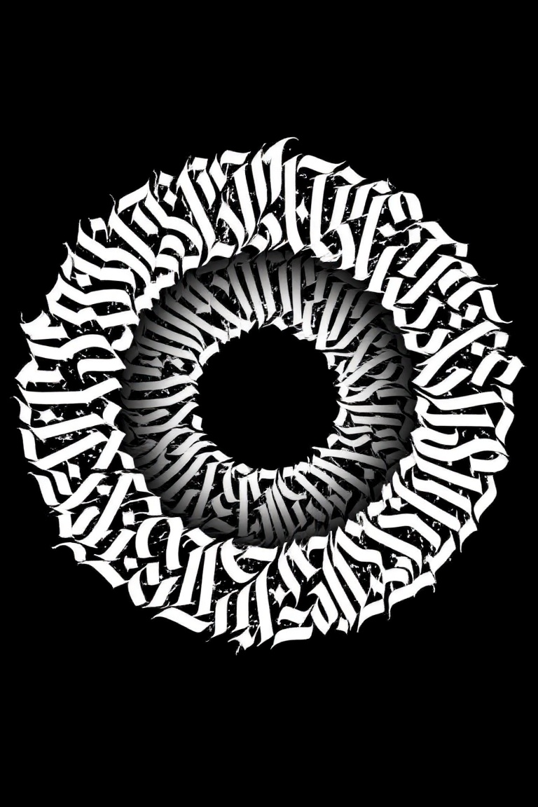 "A mesmerizing spiral of white calligraphy on a deep black background,  where elegant,  sharp-edged letters form a circula...
